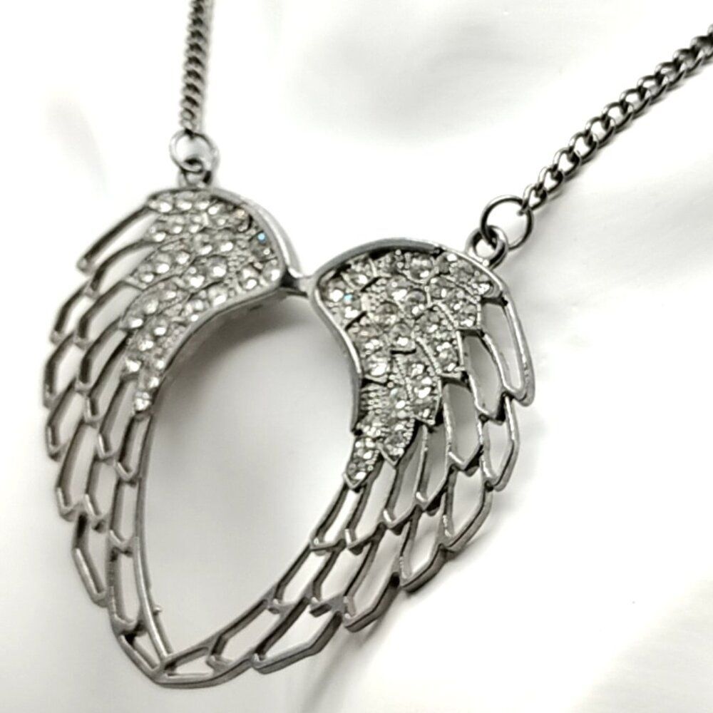 Rhinestone Angel Wing Open Heart Necklace Silver Tone Statement Pendant Chain